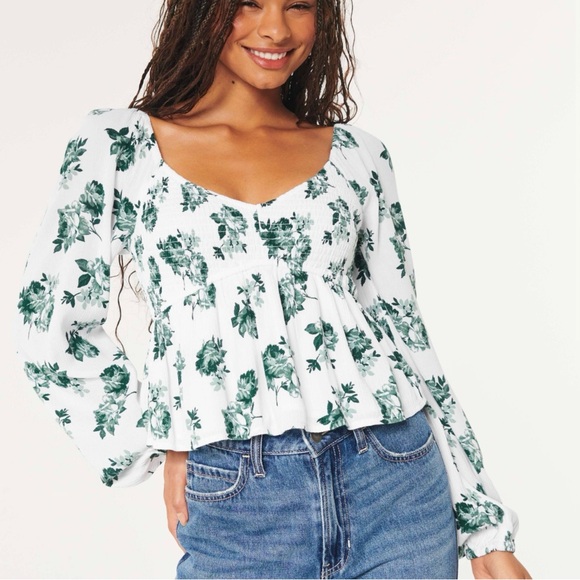 Hollister Tops - Hollister White Peplum Blouse with Green Floral Print